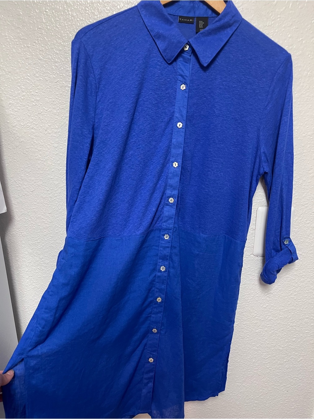 Tahari Shirt Dress M Royal Blue Linen Blend 3/4 Sleeve Lagenlook Minimalist GUC